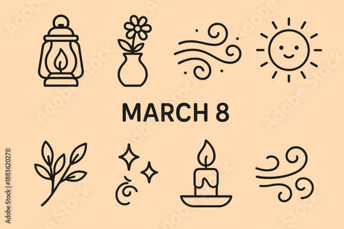 Spring Serenity Icons. March 8 Warm Ambience set in outline vector style: cozy lantern, flower vase, gentle wind lines, calm sun, serene branch, soft shimmer, comfort glow, spring air swirl