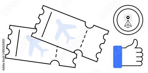 Air travel concept. Features flight tickets, a thumbs-up for approval, and a security symbol. Air travel highlights safety, convenience, and confidence. Use for travel booking, aviation or security