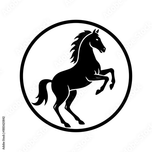 Horse silhouette in circle, side view. Isolated black flat element of rearing, jumping, trotting, horse on white background. Vector icon, logo, illustration.
