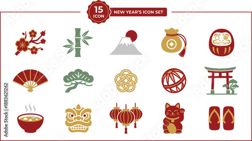 Set of traditional Japanese New Year icons and symbols for celebration.