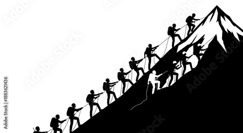 A group of people climbing a steep mountain with ropes and teamwork silhouette