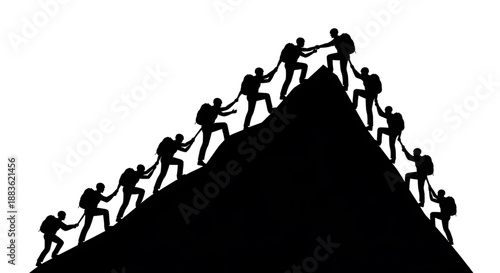 A group of people helping each other climb a steep mountain to reach the top together in teamwork and cooperation silhouette