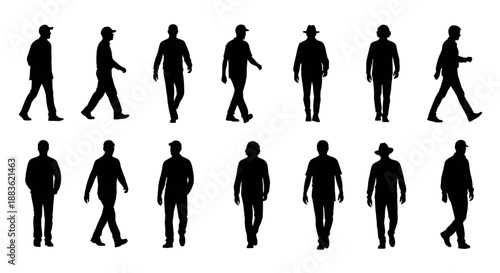 Collection of various black silhouettes of men walking in different poses silhouette
