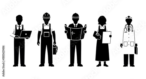 Silhouette icons of various professionals silhouette