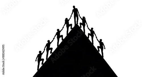 A group of people helping each other to reach the top of a mountain silhouette