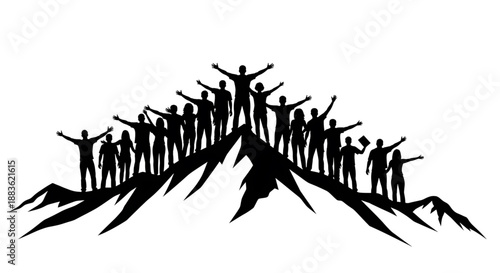 A group of people standing on top of a mountain in silhouette celebrating success and achievement silhouette
