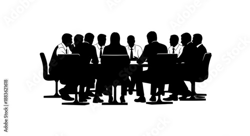 Silhouette of a group of businesspeople sitting around a conference table in a meeting room silhouette