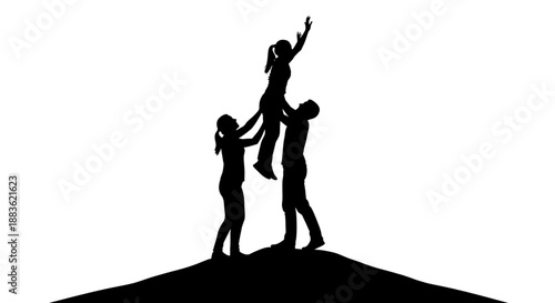 Silhouette of three people standing on a hill with one person reaching up in the air in a celebratory gesture silhouette