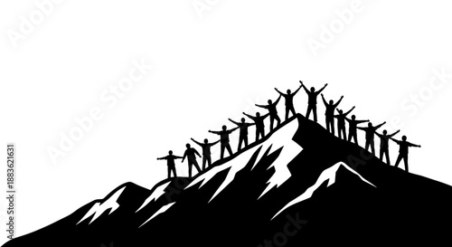A group of people standing on top of a mountain with their arms raised in celebration silhouette