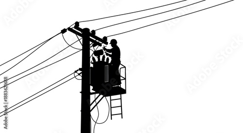Electrician working on a power pole with wires and transformer silhouette