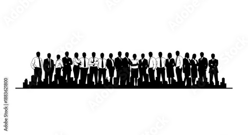 A group of business people standing together in silhouette on a, representing teamwork and unity in a corporate setting with various professionals silhouette