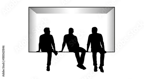 Three men sitting on a ledge in a rectangular recessed area in a wall silhouette