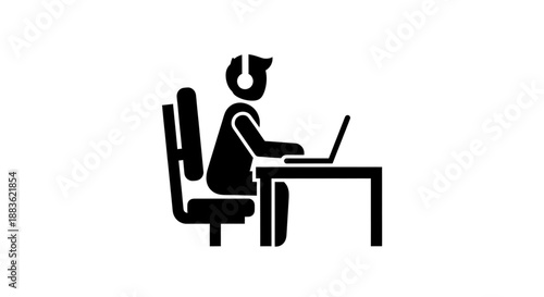 A black silhouette of a person sitting in a chair working on a laptop computer on a silhouette