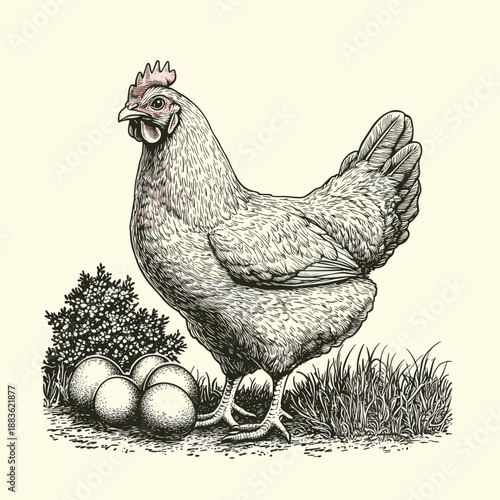 Vintage Chicken Illustration with Eggs