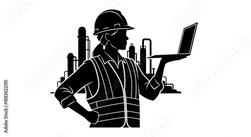Black silhouette of a construction worker with a laptop with cityscape silhouette