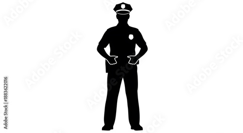 Black silhouette of a police officer standing with hands on hips in uniform and hat on silhouette