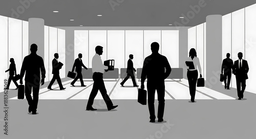 Silhouette of business people walking in a modern office building lobby with large windows and columns, silhouette