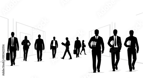 Silhouette of business people walking in a line in an office building hallway silhouette