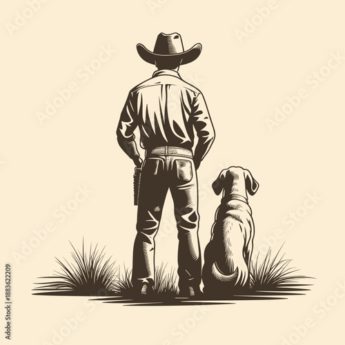 Cowboy and Dog in Serene Landscape