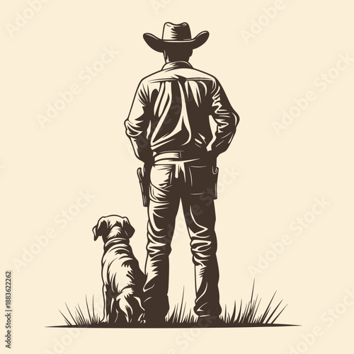 Cowboy and Dog in Serene Landscape