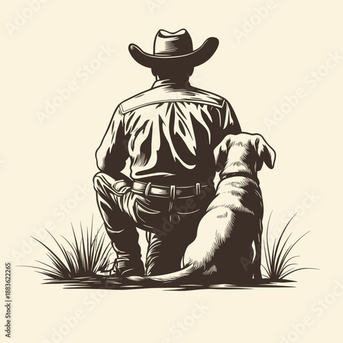 Cowboy and Dog in Serene Landscape