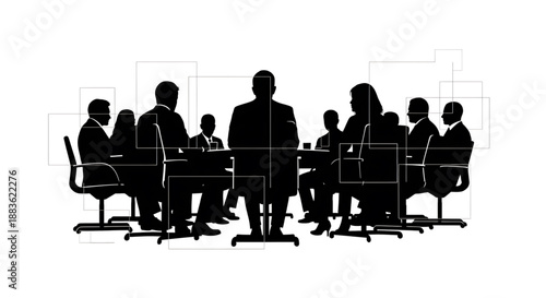 A group of business people sitting around a conference table in a meeting silhouette