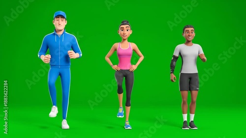 3D Animated Sports Crew Exercising on Green Screen