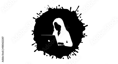 A black and white illustration of a hooded figure using a laptop computer surrounded by a splattered paint design on a silhouette