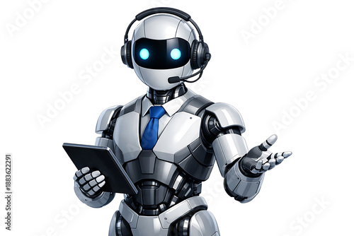 Professional AI Agent Robot Illustration Isolated on White. Smart 3D Bot Assistant with Headset for Business Automation, Future Technology Concept 2026