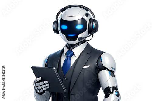 Professional AI Agent Robot Illustration Isolated on White. Smart 3D Bot Assistant with Headset for Business Automation, Future Technology Concept 2026