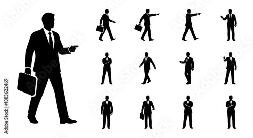 Collection of businessmen in various poses and actions in black silhouette on silhouette