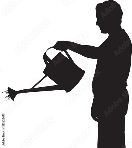 Gardener watering plants with a watering can in a serene garden setting with natural light for horticulture and gardening themes