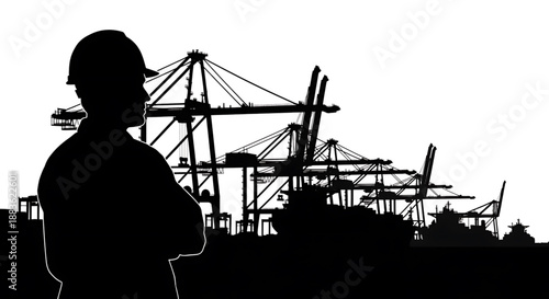 Silhouette of a construction worker in front of a large industrial port with cranes silhouette