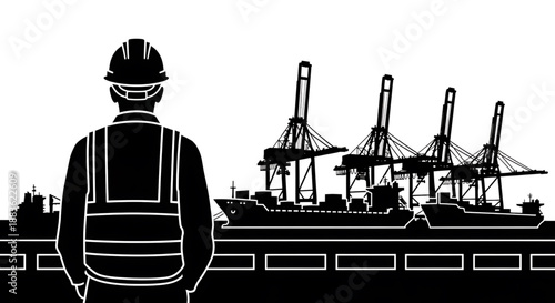 A construction worker in a hard hat looking out at a busy port with cranes and ships docked silhouette