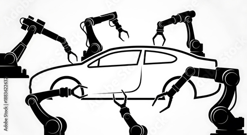Robotic arms assembling a car in a factory setting with precision tools and machinery silhouette