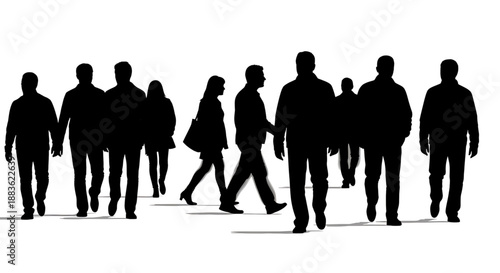 A group of people walking in various directions in black silhouette on silhouette