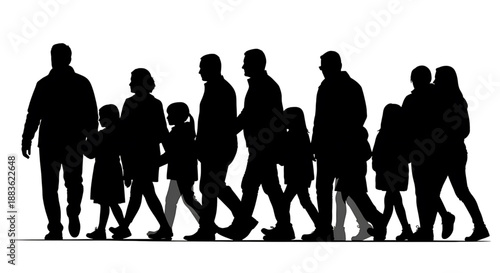 Silhouette of a diverse group of people walking together in a line on a silhouette