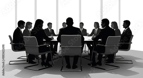 A group of business professionals sitting around a conference table in a meeting silhouette