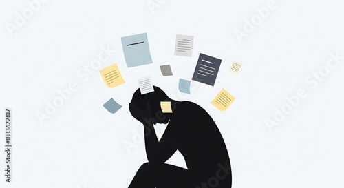 A stressed businessperson sits surrounded by floating papers and documents in a chaotic office environment with a blank expression silhouette
