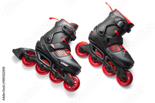 Tableau sur toile Black And Red Inline Roller Skates With Red Wheels For Fitness And Fun Adventure