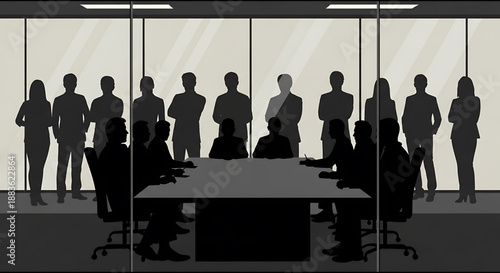 Silhouette of business people standing and sitting in a modern office setting with a large table and chairs silhouette