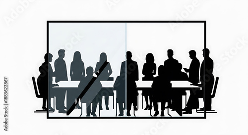 A group of business people sitting around a conference table in a meeting room with a glass wall silhouette