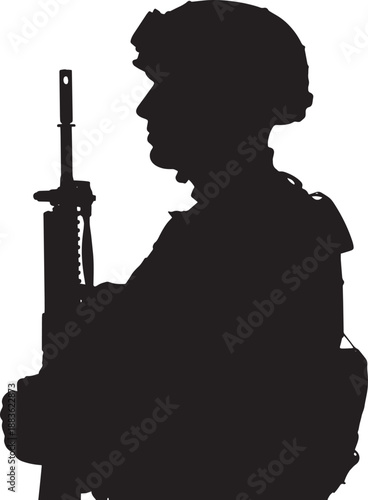 Silhouette of soldier with rifle in profile view in dark mysterious lighting on white background for military advertisement