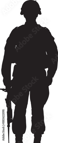 Soldier Silhouette Standing with Rifle in Dramatic Black and White for Military Illustration