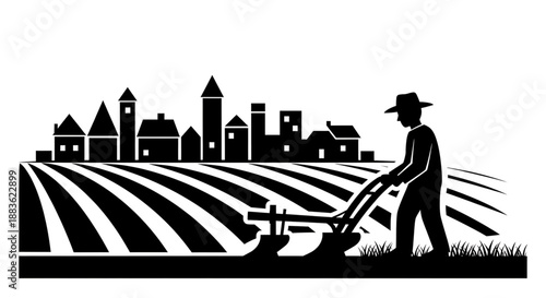 A black silhouette illustration of a farmer plowing a field with a tractor in front of a rural town skyline silhouette