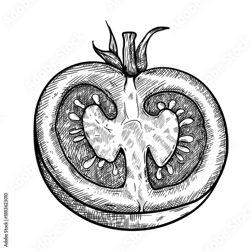 Half of tomato, hand drawn vintage sketch of sliced organic vegetable. Vector illustration