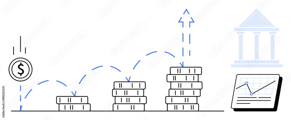 Fototapeta premium Coin stacks showing growth, an upward arrow indicating progress, a dollar symbol, a graph on a screen, and a bank facade. Ideal for investment, finance, success, economy banking savings simple