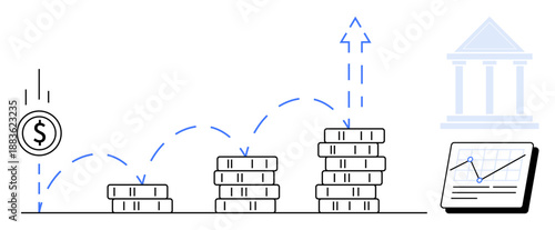 Coin stacks showing growth, an upward arrow indicating progress, a dollar symbol, a graph on a screen, and a bank facade. Ideal for investment, finance, success, economy banking savings simple