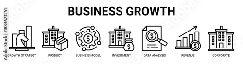 Business Growth web banner icon vector illustration concept with icon of Growth Strategy, Product, Business Model, Investment, Data Analysis, Revenue, and Corporate.