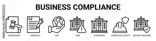Business Compliance web banner icon vector illustration concept with icon of Compliance, Contract, Corporate Social Responsibility, Risk, Corporate, Workplace Safety, and Security Building.